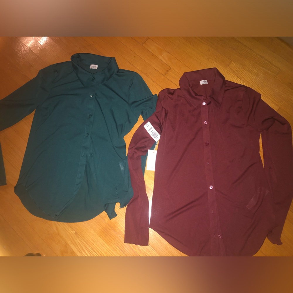 Wilfred Button-Up Shirts in Teal and Burgundy, both size medium